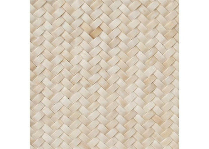 Luxury handcrafted bone inlay sideboard with basket weave herringbone pattern, four doors with brass knobs, and slim gold metal base on white background