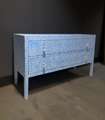 Moroccan Bone Inlay Entryway Console Table Sky Blue, Ivory Geometric Trellis, Crystal Knobs, Mango Wood
