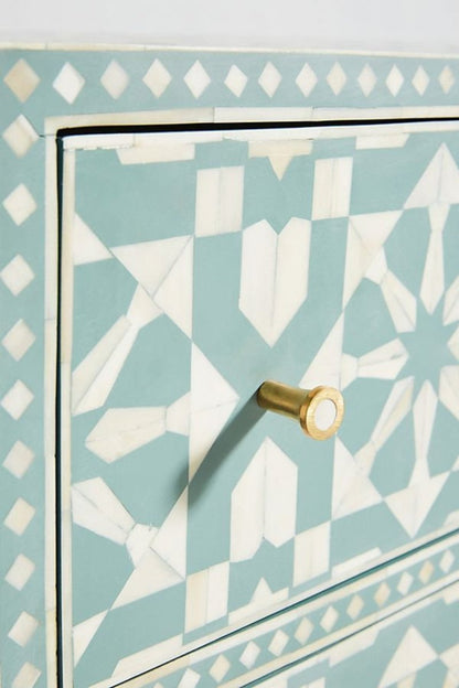 Slate green bone inlay chiffonier in Moroccan design, close-up view showing inlaid drawers