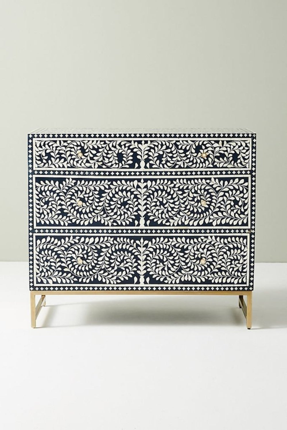 Navy Spiral Dresser bone inlay chest of drawers shown in a straight-on front view with three stacked drawers and metal legs.