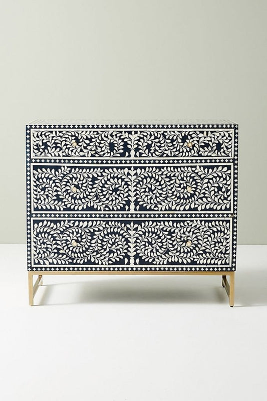 Navy Spiral Dresser bone inlay chest of drawers shown in a straight-on front view with three stacked drawers and metal legs.