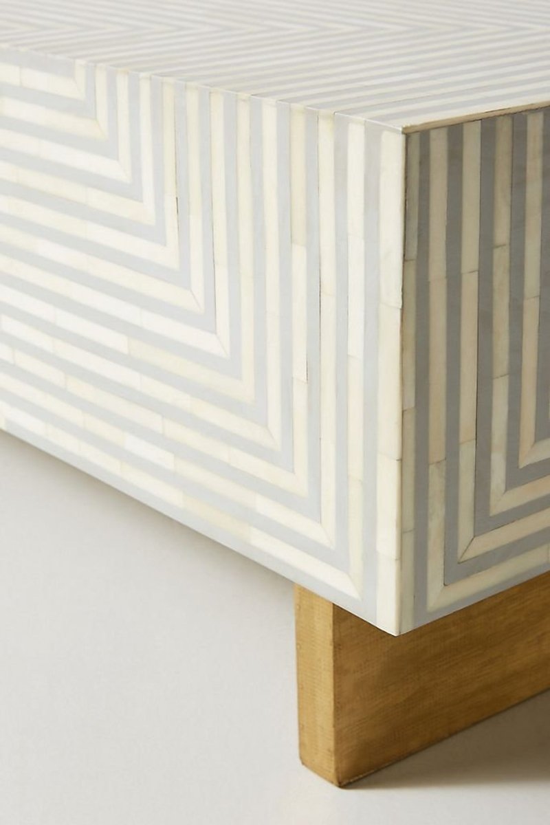 Optical Stripe Bone Inlay Low Table in white and grey, shown vertically with a close view of the patterned surface.
