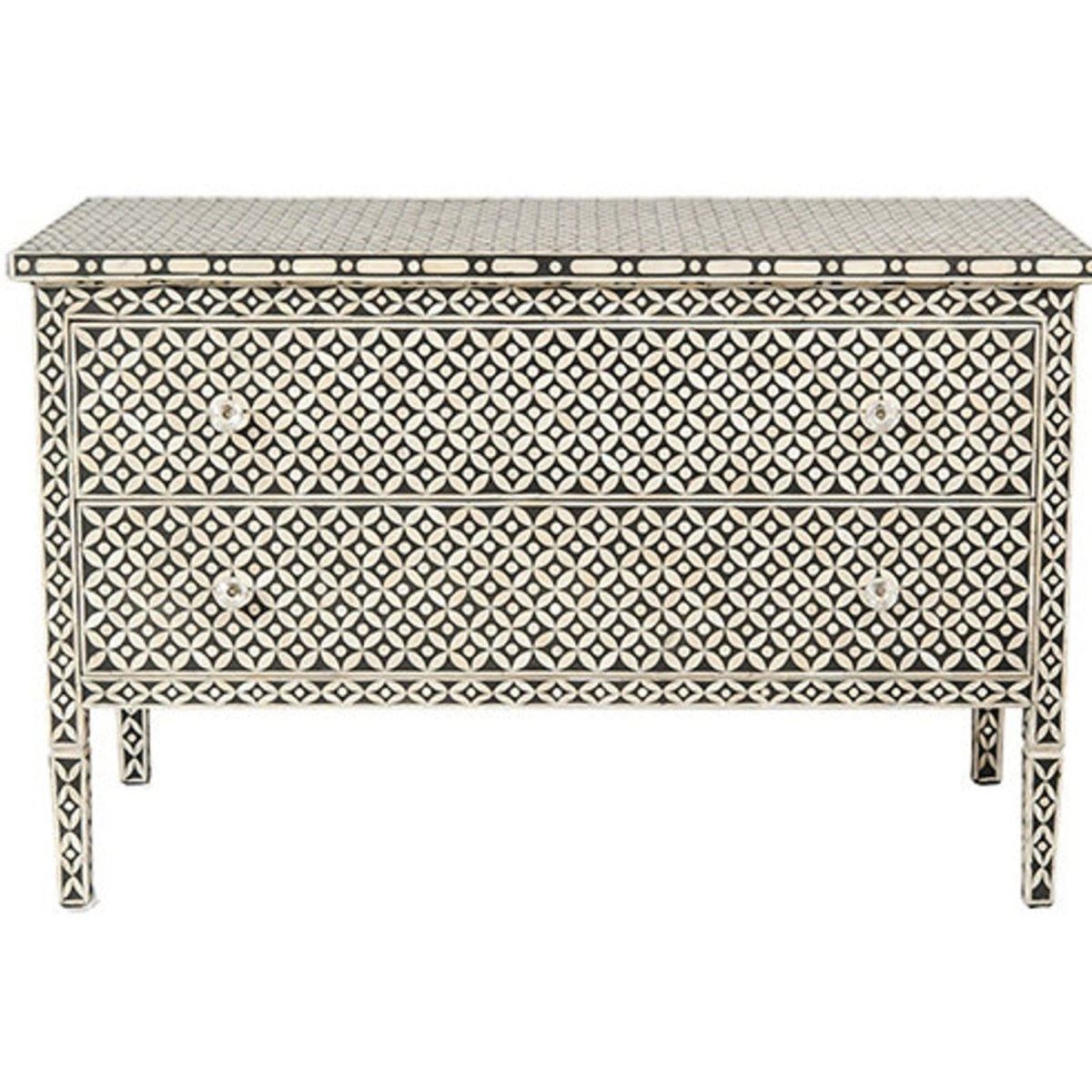 Rectangular Bone Inlay Chest, black and white geometric pattern with two closed drawers shown in a straight-on front view