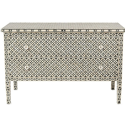 Rectangular Bone Inlay Chest, black and white geometric pattern with two closed drawers shown in a straight-on front view