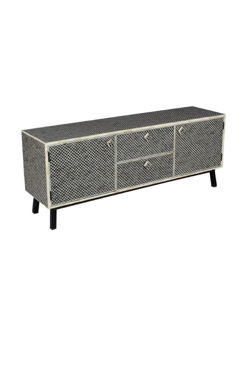 Rectangular Bone Inlay Credenza, angled front view with patterned sections, black legs and closed storage on white background