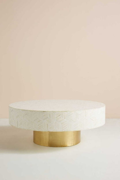 Round Bone Inlay Coffee Table in white bone inlay with brass base, shown in a front three-quarter product view.