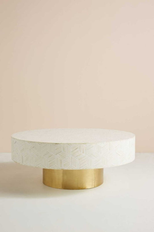 Round Bone Inlay Coffee Table in white bone inlay with brass base, shown in a front three-quarter product view.
