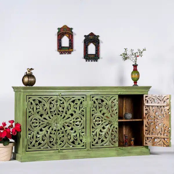 Rustic four-door wood credenza in green, front view with the right door open, revealing two storage compartments.