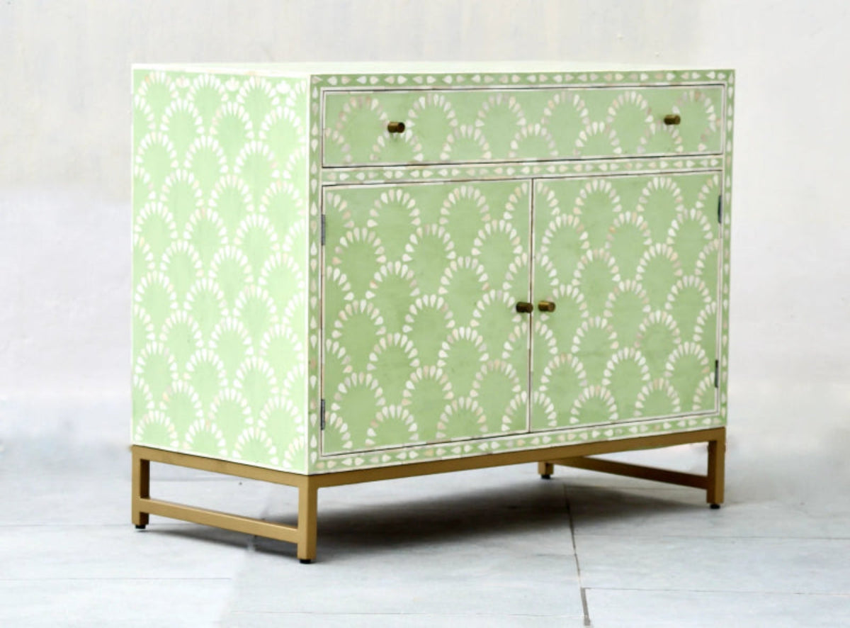 Sage green and white bone inlay scalloped cabinet with one drawer and two doors, gold metal frame
