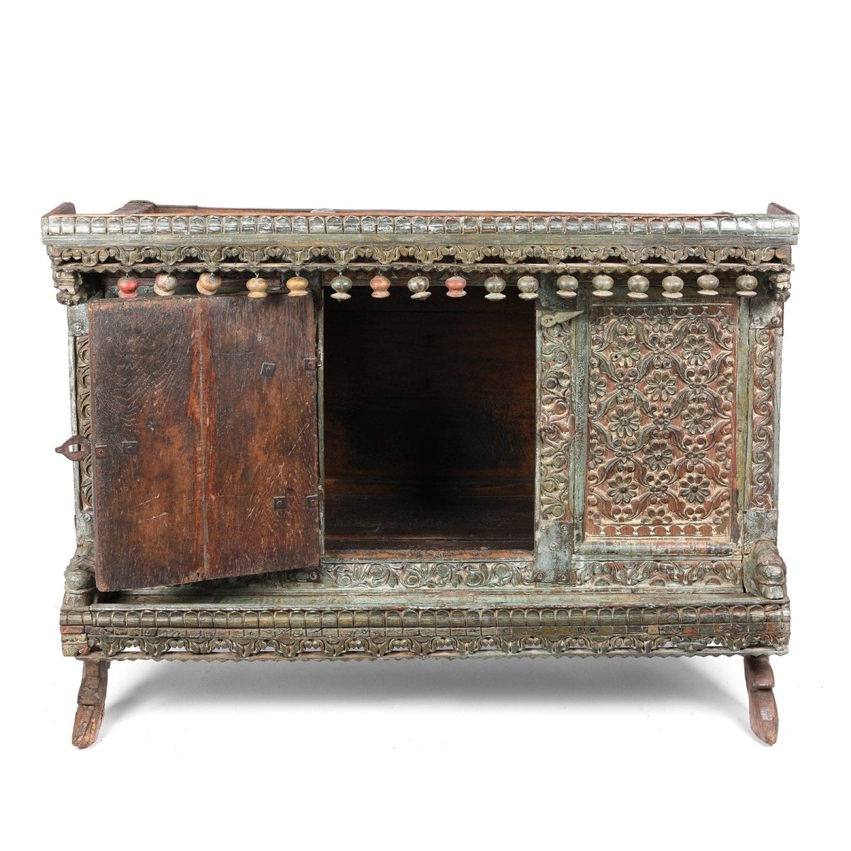 Single door wood buffet, front view with the central door swung left, revealing a dark, spacious storage compartment.