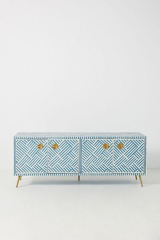 Sky Blue Bone Inlay Console, Sky Blue Bone Inlay, straight-on front view showing the optical pattern across the cabinet doors