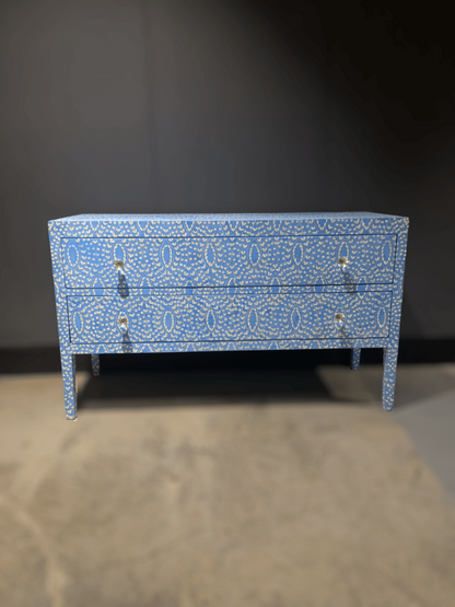 Sky Blue Bone Inlay Console Table with 2 Drawers, Moroccan Trellis Pattern, Crystal Knobs, Handcrafted India