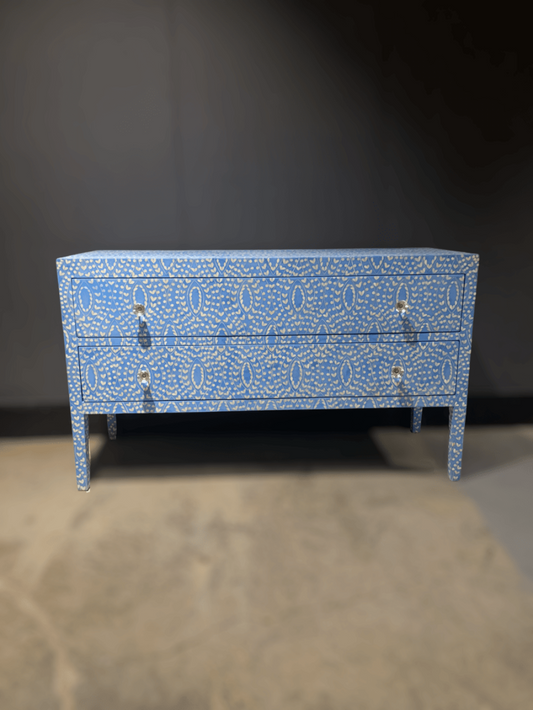 Sky Blue Bone Inlay Console Table with 2 Drawers, Moroccan Trellis Pattern, Crystal Knobs, Handcrafted India