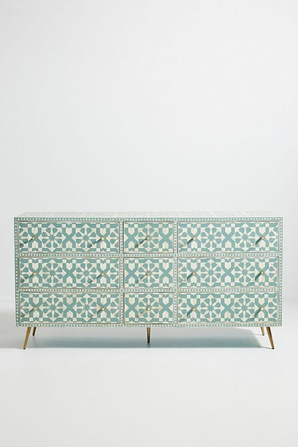 Slate green bone inlay nine-drawer dresser with a repeating geometric front, shown straight on as a full storage piece.