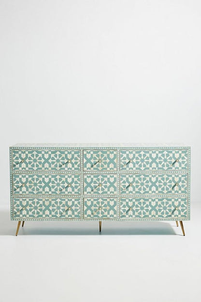 Slate green bone inlay nine-drawer dresser with a repeating geometric front, shown straight on as a full storage piece.