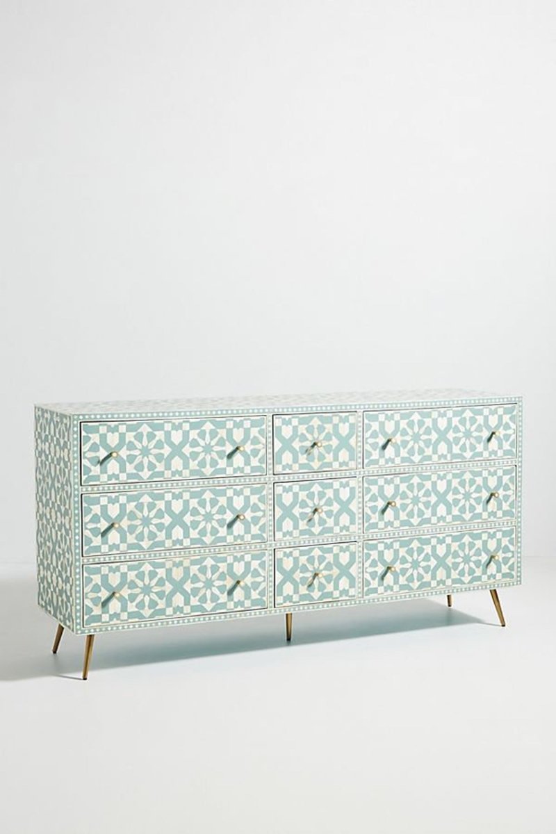 Slate green bone inlay dresser with nine drawers and a repeating geometric front, shown as a full furniture piece.