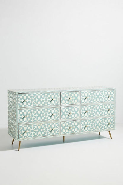 Slate green bone inlay dresser with nine drawers and a repeating geometric front, shown as a full furniture piece.