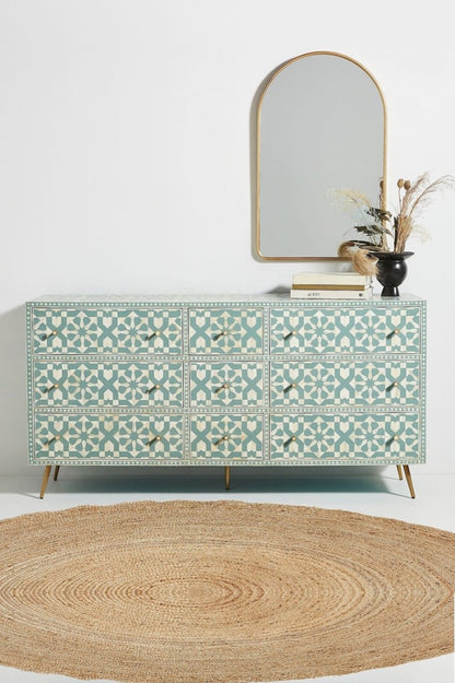 Slate green bone inlay nine-drawer dresser with a repeating pattern, shown as a full cabinet for bedroom storage.