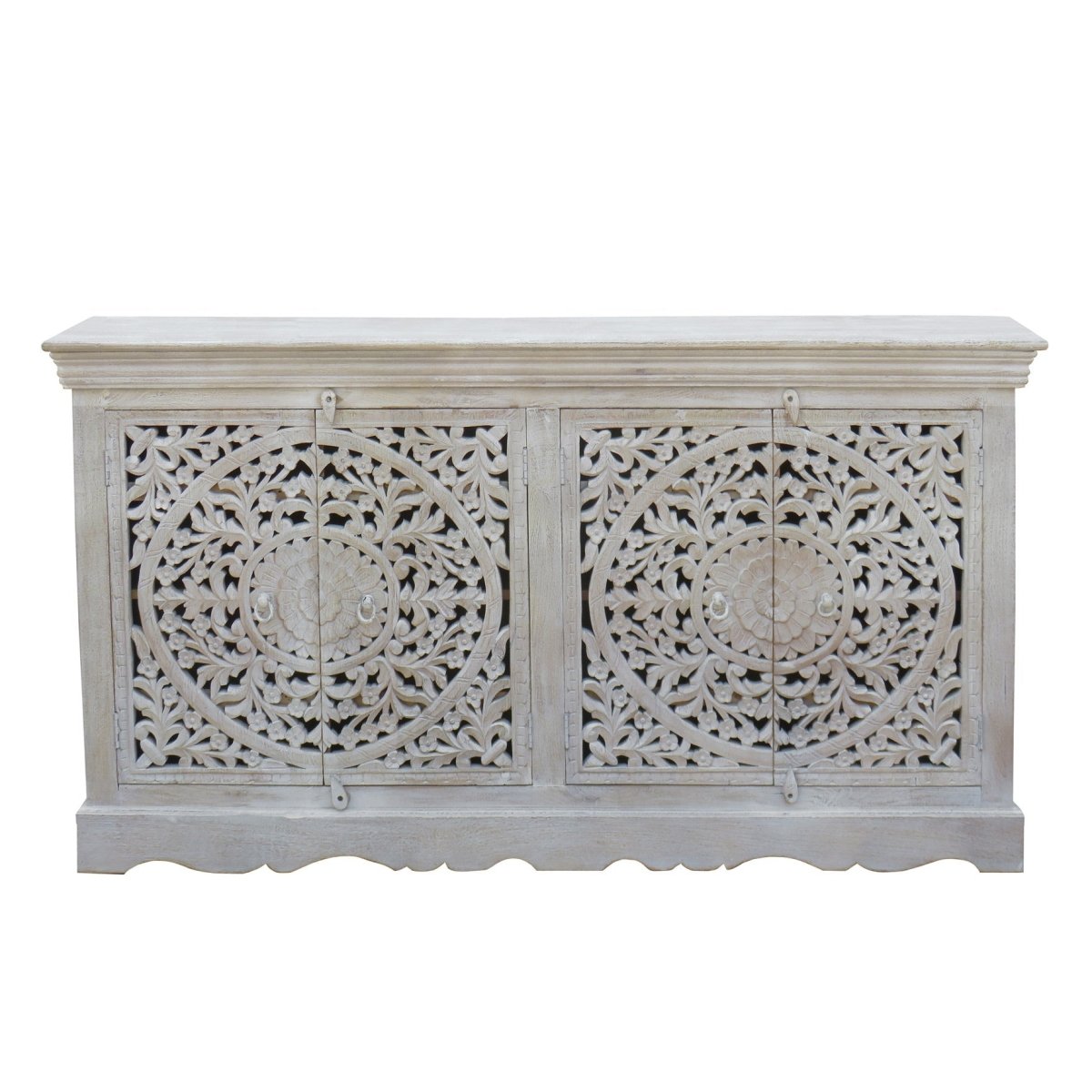Solid wood carved buffet with a rustic finish, front view showing circular floral door panels and a scalloped base.