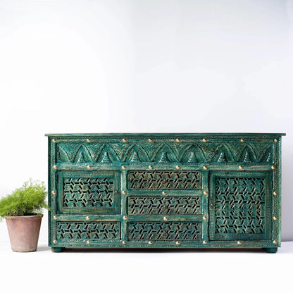 Solid Wood Lattice Buffet in rustic green, front view showing geometric carvings and brass nailhead trim.