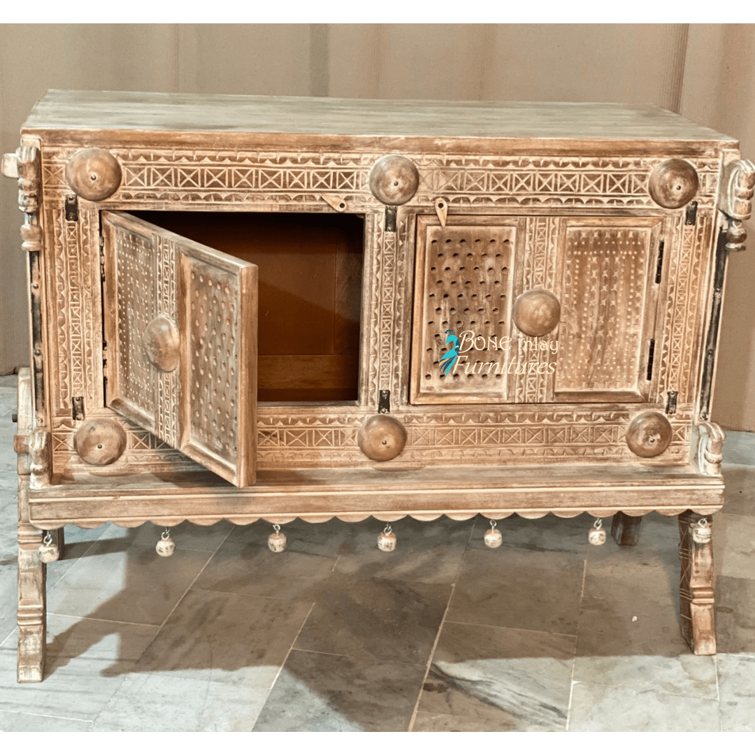 Solid wood storage credenza in a natural finish, front view with the left door open to reveal the wooden interior.