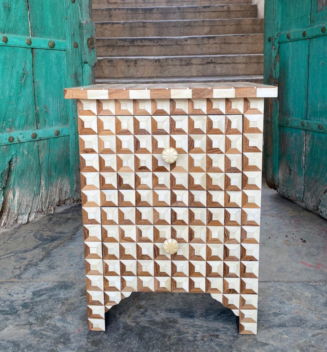 Square Block Pattern Bone Inlay Nightstand with Two Drawers Ornate Bone Knobs in Brown and Cream Handcrafted Finish