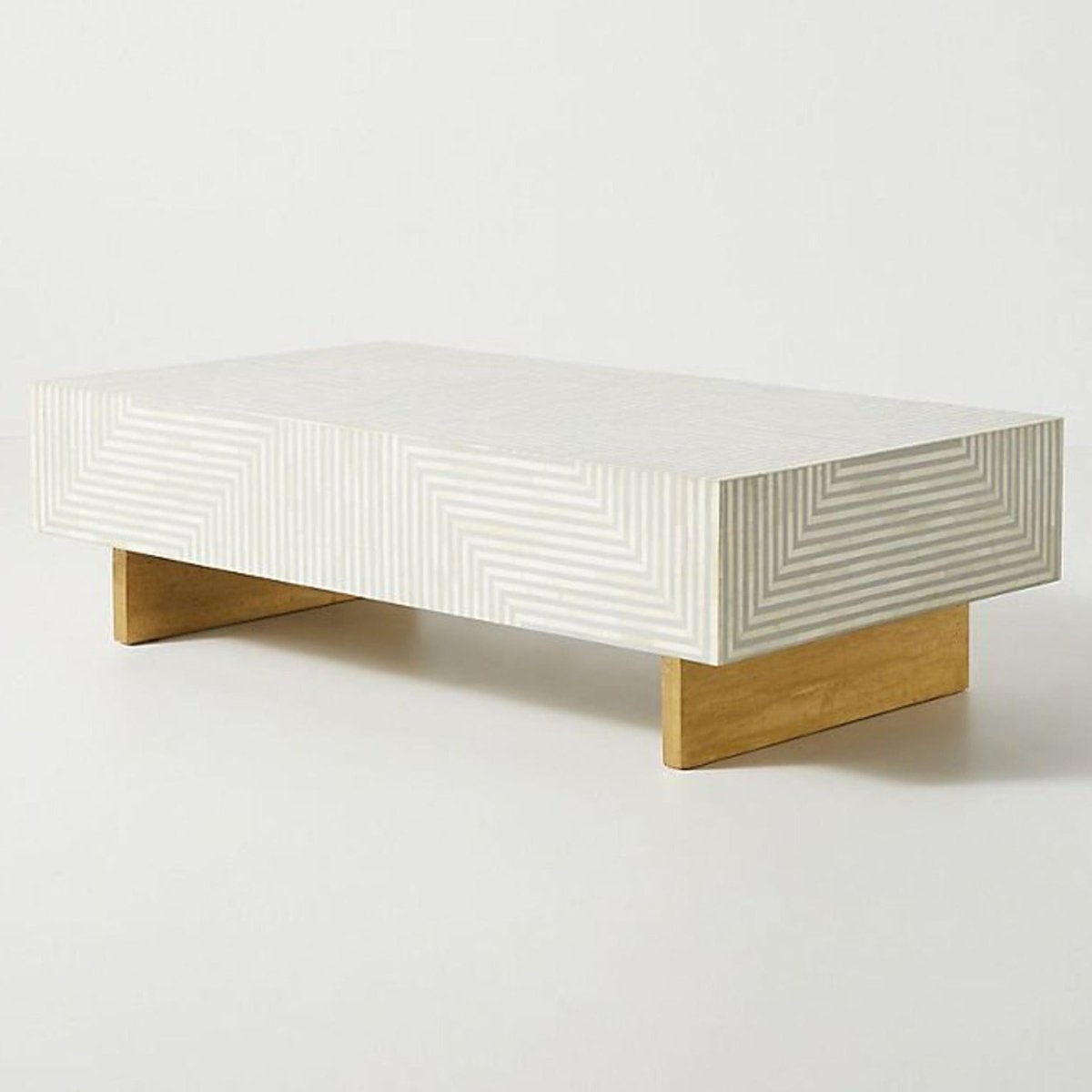 Striped Bone Inlay Center Table in white and grey, shown from a front three-quarter angle against a plain backdrop.
