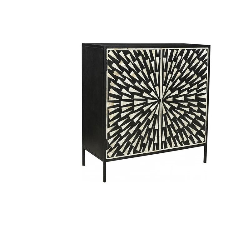 Sunburst pattern bone inlay two-door storage cabinet in black and white on slim iron legs, handmade solid mango wood sideboard furniture