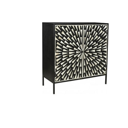 Sunburst pattern bone inlay two-door storage cabinet in black and white on slim iron legs, handmade solid mango wood sideboard furniture