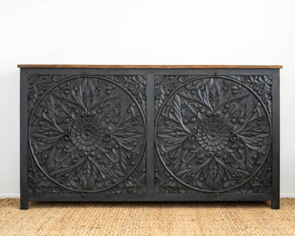 Traditional four Door Mandala Sideboard in black wood, shown in front view with two circular carvings and an undecorated top.