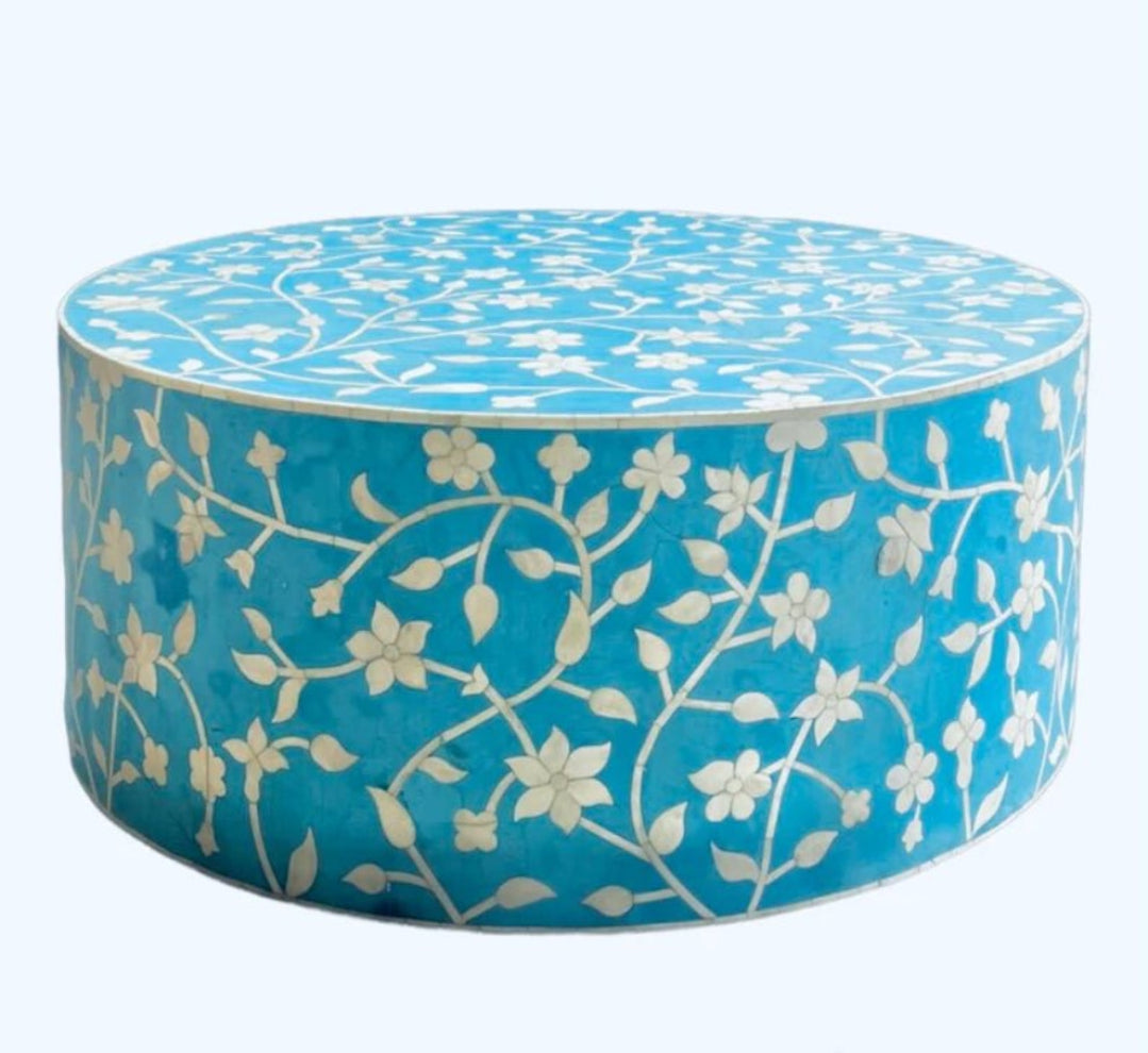 Turquoise floral bone inlay round coffee table handmade, white flower and vine pattern, Indian artisan crafted wooden center table