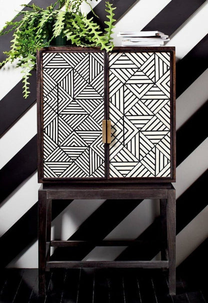 Black and White Geometric Bone Inlay Bar Cabinet with Brass Handle on Dark Wood Stand – Handcrafted Luxury Storage