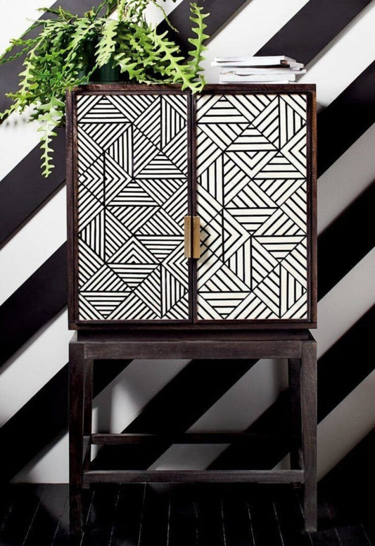 Black and White Geometric Bone Inlay Bar Cabinet with Brass Handle on Dark Wood Stand – Handcrafted Luxury Storage