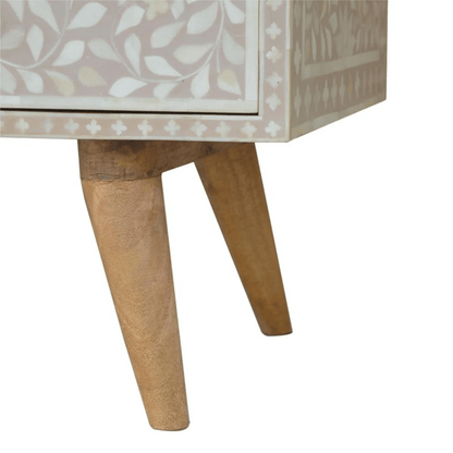 White handcrafted bone inlay floral TV console with dual open shelves, two drawers with brass pulls, and sturdy mid-century wooden legs.