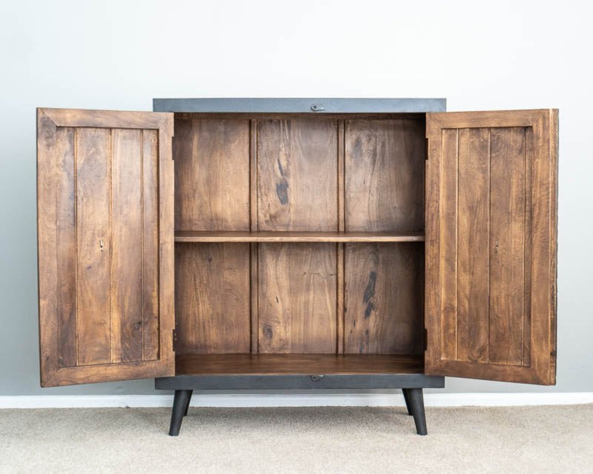 Solid Wood Storage cabinet with a charcoal frame, shown in front view with both doors open and a natural wood shelf.
