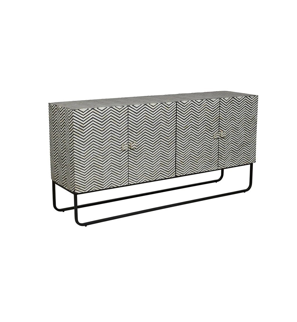 Zig zag black and white bone inlay buffet cabinet with iron sled legs showing top surface depth and four doors with inlay knobs