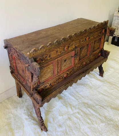 Antique Indian Rustic Wooden Sideboard Chest | Indian Dowry chest | Damchiya Sideboard Buffet & Sideboard - Bone Inlay Furnitures