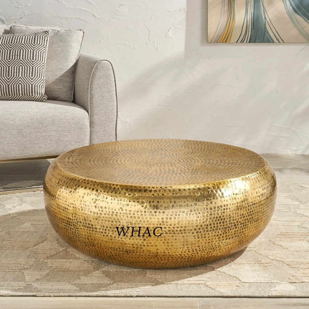 Antique Round Hammered Coffee Table | Hand Embossed Metal Center Table Coffee Table - Bone Inlay Furnitures
