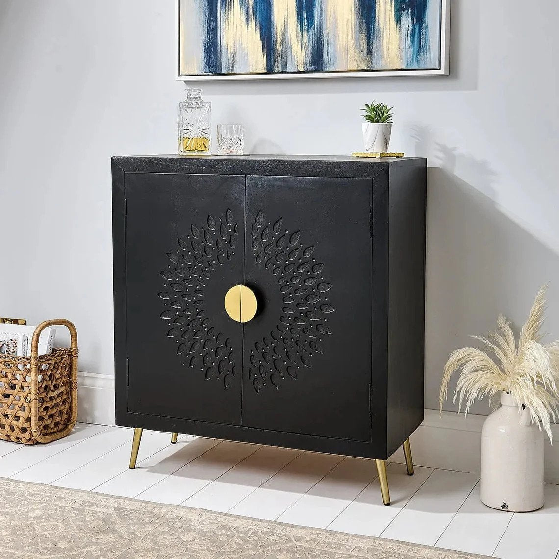 Beautiful Display Caning Bohemian Style Cabinet | Carved Wood Sideboard Storage with Two Shelves Cabinet - Bone Inlay Furnitures
