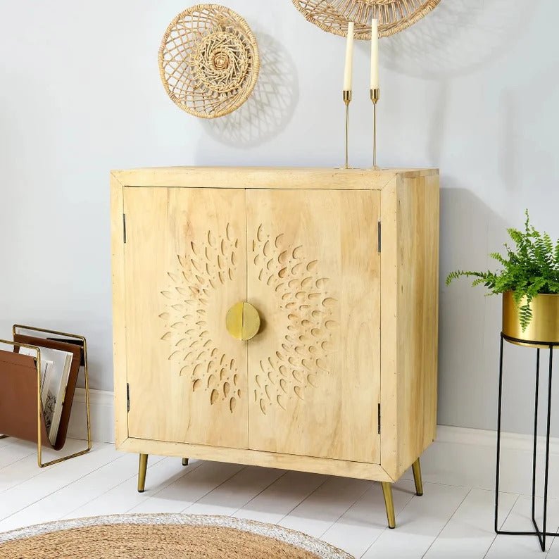 Beautiful Display Caning Bohemian Style Cabinet | Carved Wood Sideboard Storage with Two Shelves Cabinet - Bone Inlay Furnitures