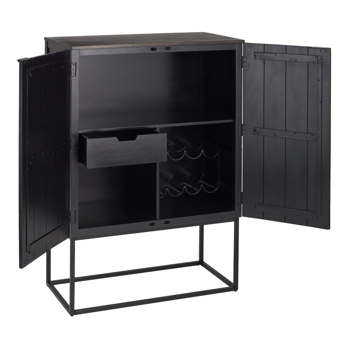 Black Geometric Hand Carved Bar Cart Cabinet | Wine Storage Rack Cabinet Cabinet - Bone Inlay Furnitures