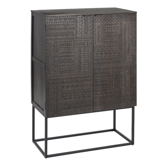 Black Geometric Hand Carved Bar Cart Cabinet | Wine Storage Rack Cabinet Cabinet - Bone Inlay Furnitures