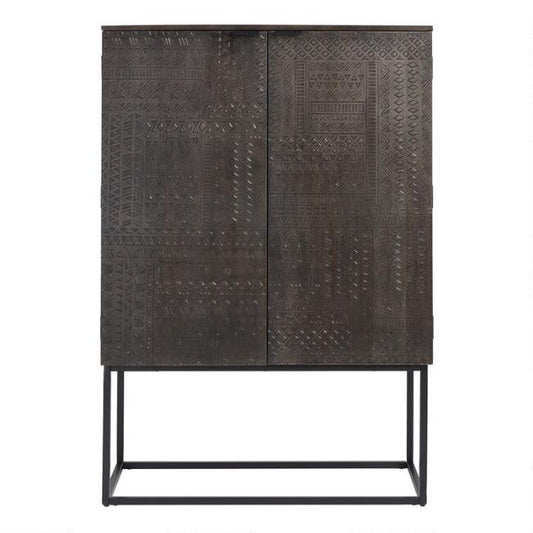 Black Geometric Hand Carved Bar Cart Cabinet | Wine Storage Rack Cabinet Cabinet - Bone Inlay Furnitures
