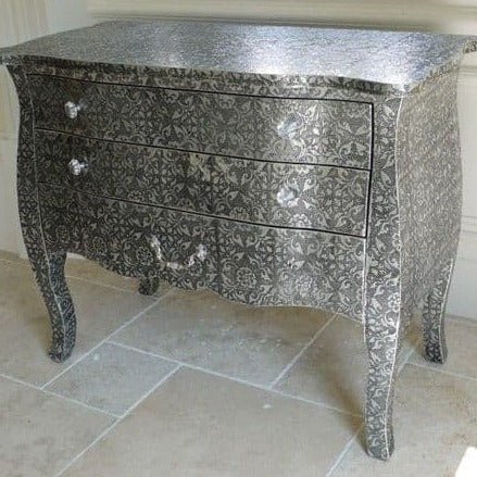 Blackened Silver Embossed Metal Chest Of Drawers | Hand Embossed Black Dresser Chest of Drawers - Bone Inlay Furnitures