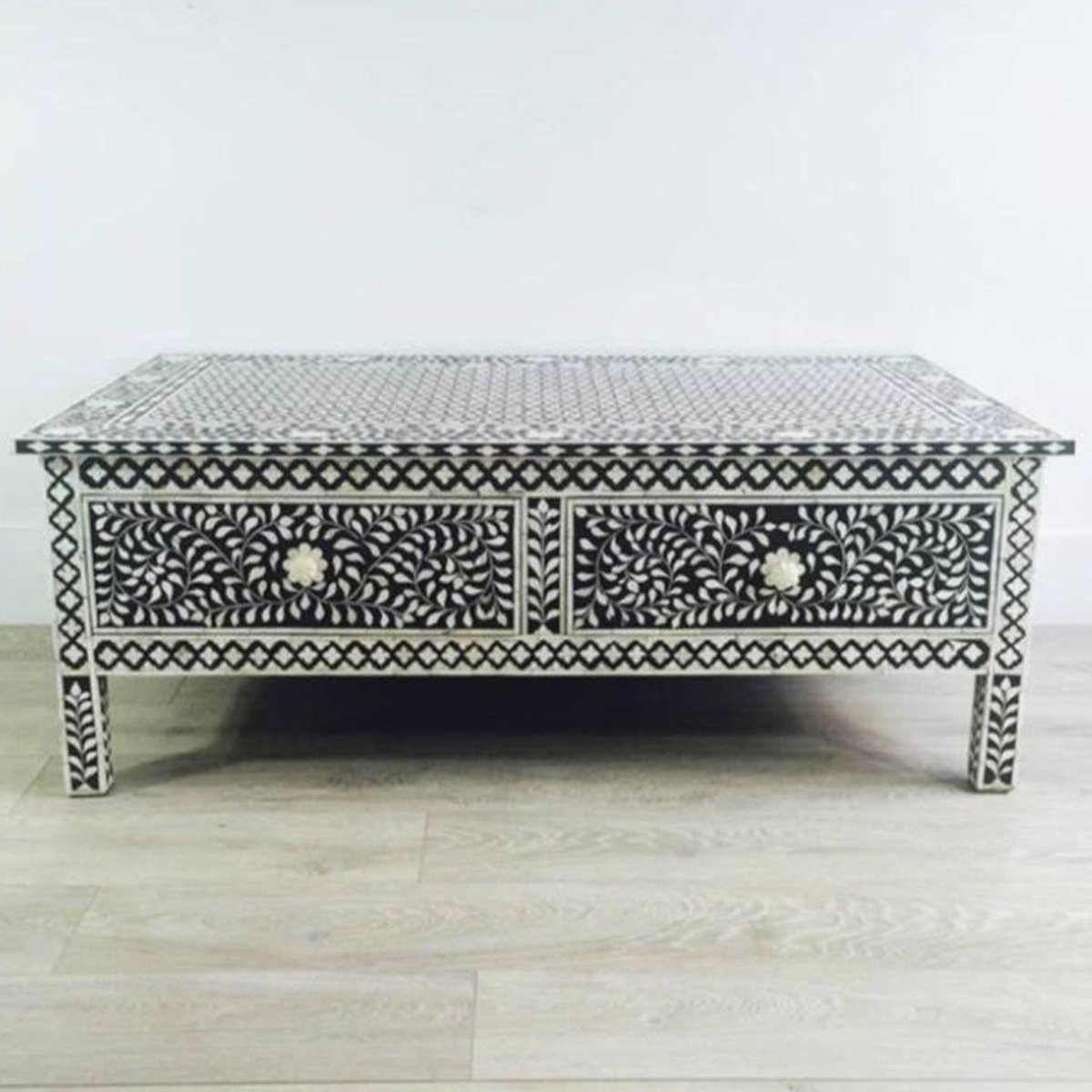 Bone Inlay 2 Drawers Coffee Table in Black color | Handmade Coffee Table with Storage Coffee Table - Bone Inlay Furnitures