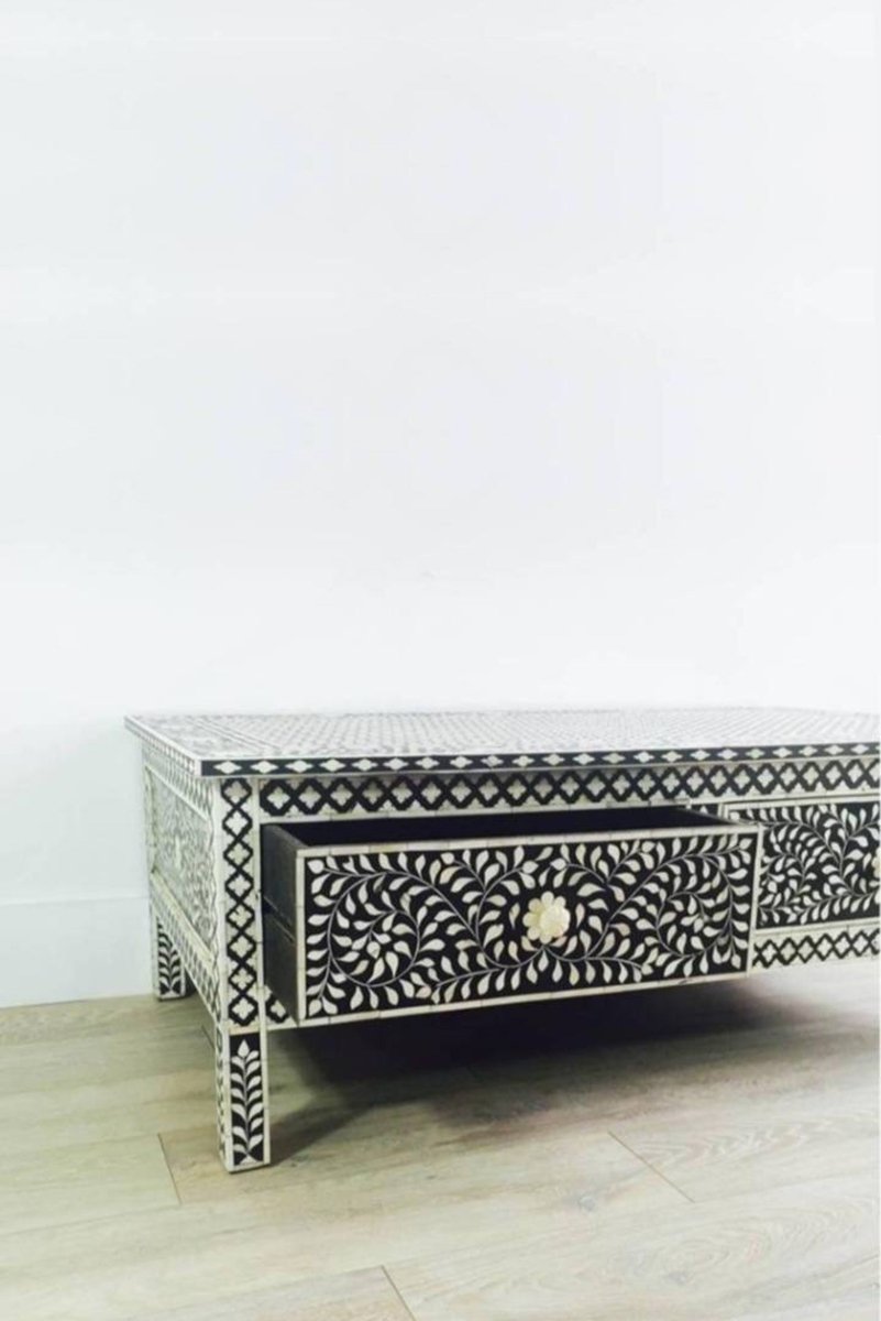 Bone Inlay 2 Drawers Coffee Table in Black color | Handmade Coffee Table with Storage Coffee Table - Bone Inlay Furnitures