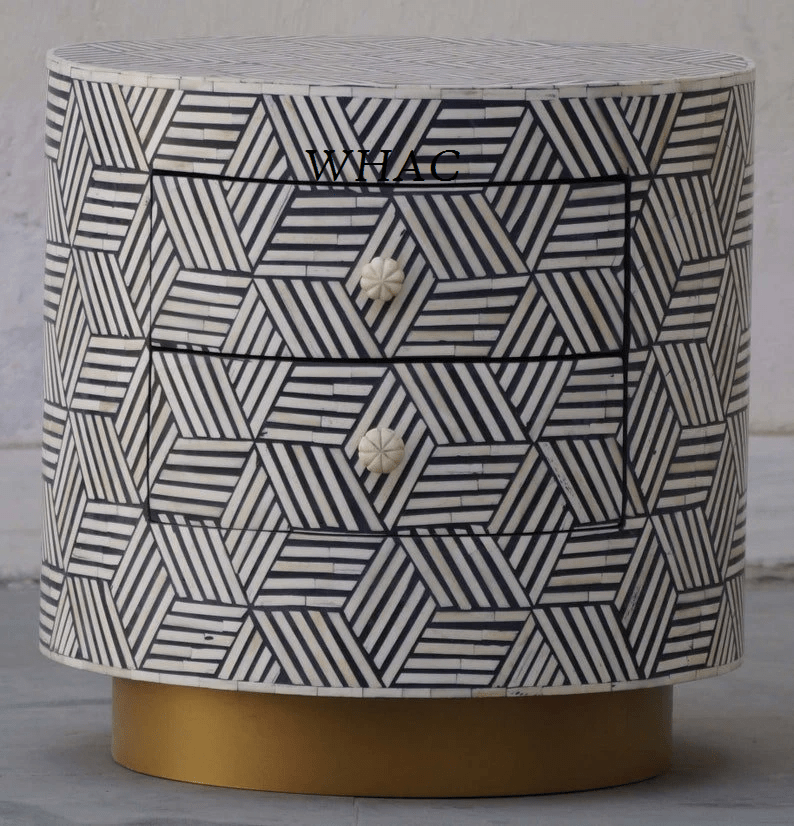 Bone Inlay 2 drawers Cylinder Side Table | Handmade Bone Inlay Bedside Table Bedside Table - Bone Inlay Furnitures