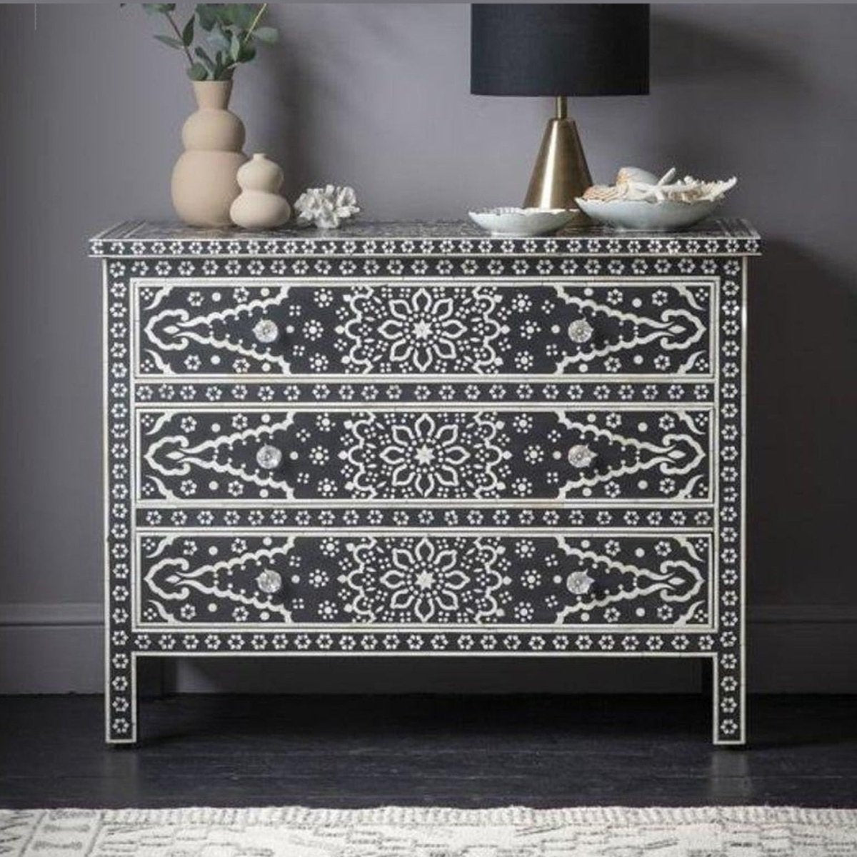 Bone Inlay 3 Drawers Dresser in Black Color | Handmade Luxury Chest of 3 Drawers chest of drawer - Bone Inlay Furnitures
