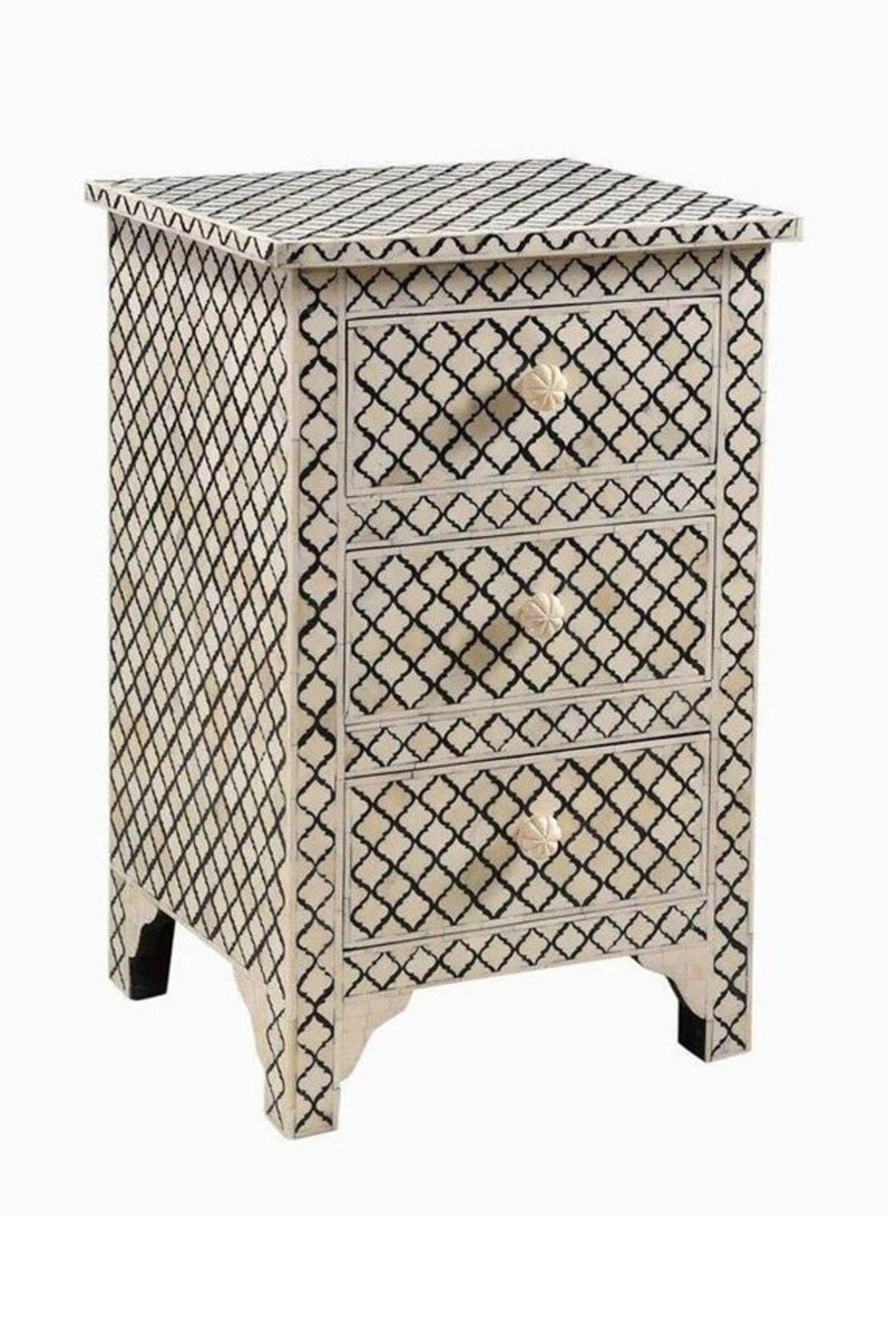 Bone inlay geometric trellis nightstand with carved ivory knobs and fully inlaid side panels, handcrafted black and white artisan bedside table