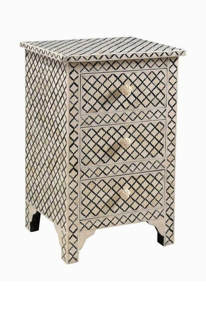 Bone inlay geometric trellis nightstand with carved ivory knobs and fully inlaid side panels, handcrafted black and white artisan bedside table